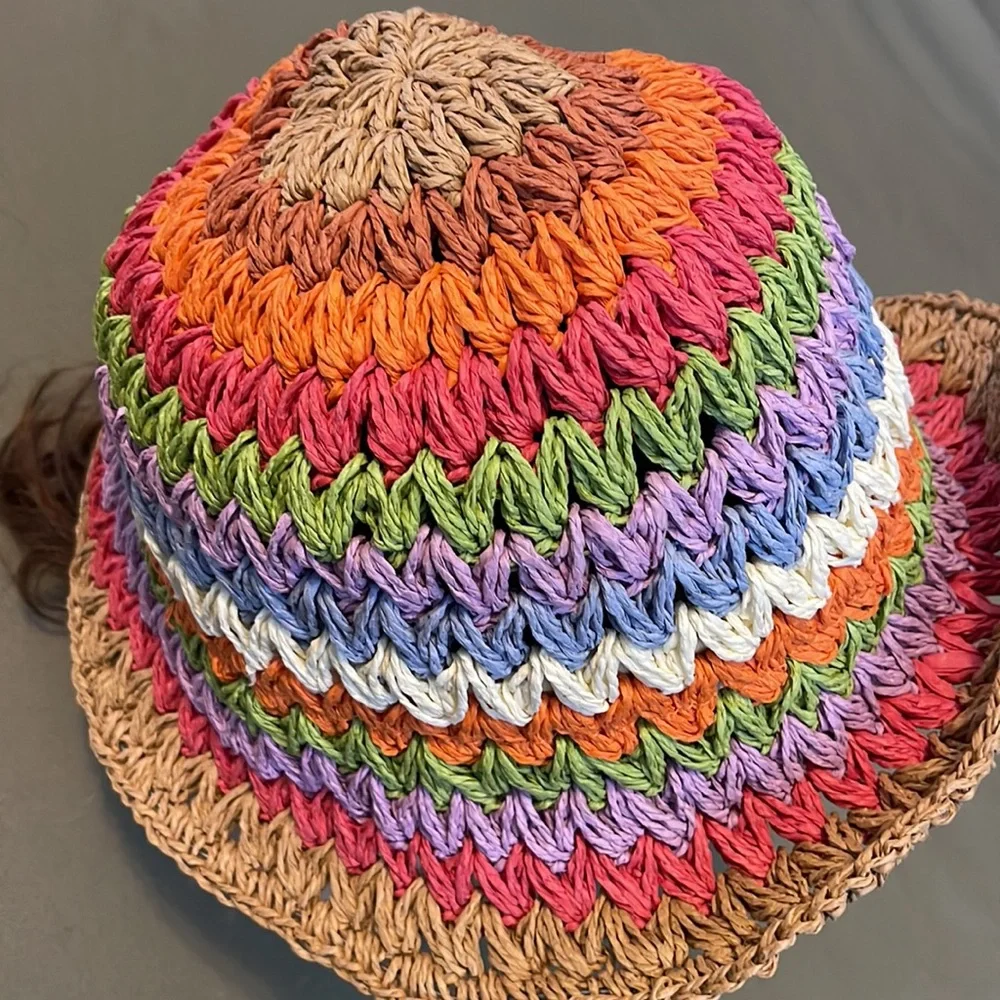 Hand-Crocheted Multicolor Raffia Bucket Hat - Picture 3 of 13